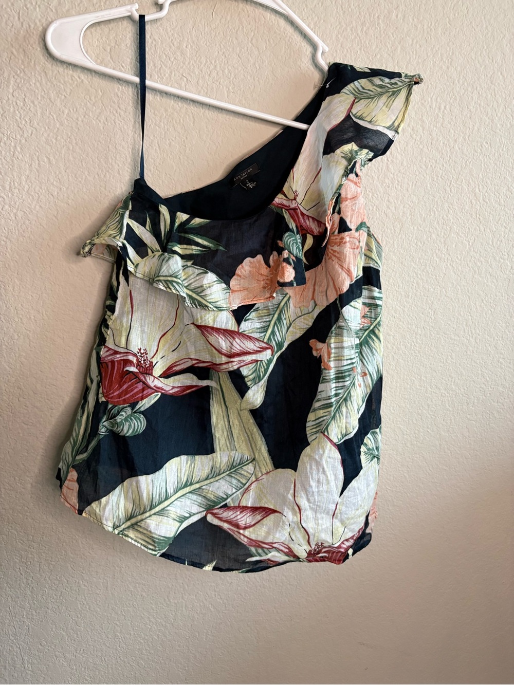 Ann Taylor Black Floral One-Shoulder Ruffle Camisole